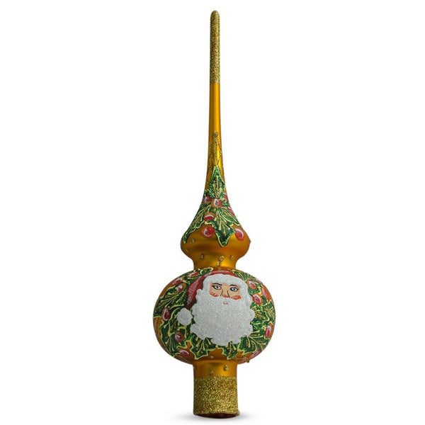Santa and Mistletoe on Gold Artisan Hand Crafted Mouth Blown Glass Christmas Tree Topper 11 Inches in Gold color, Triangle shape