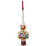 Children Nativity Scene on White Artisan Hand Crafted Mouth Blown Glass Christmas Tree Topper 11 Inches in White color Triangle