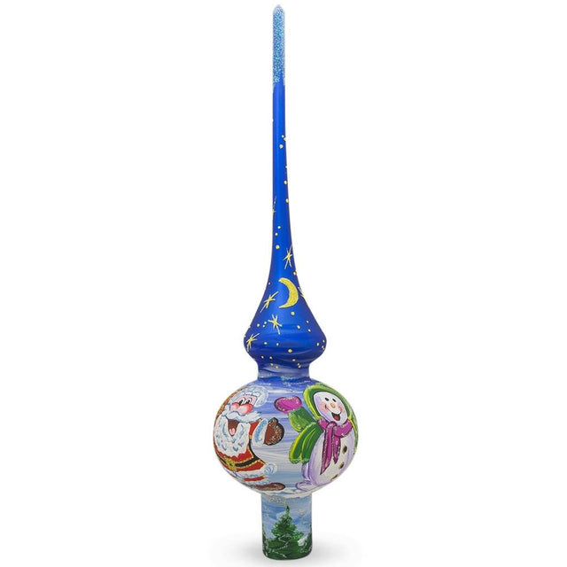 Santa and Snowman on Blue Artisan Hand Crafted Mouth Blown Glass Christmas Tree Topper 11 Inches in Blue color Triangle