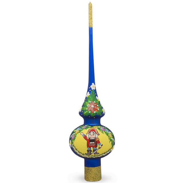 Nutcracker and Wreath on Blue Mouth Blown Glass Christmas Tree Topper 11 Inches in Blue color Triangle