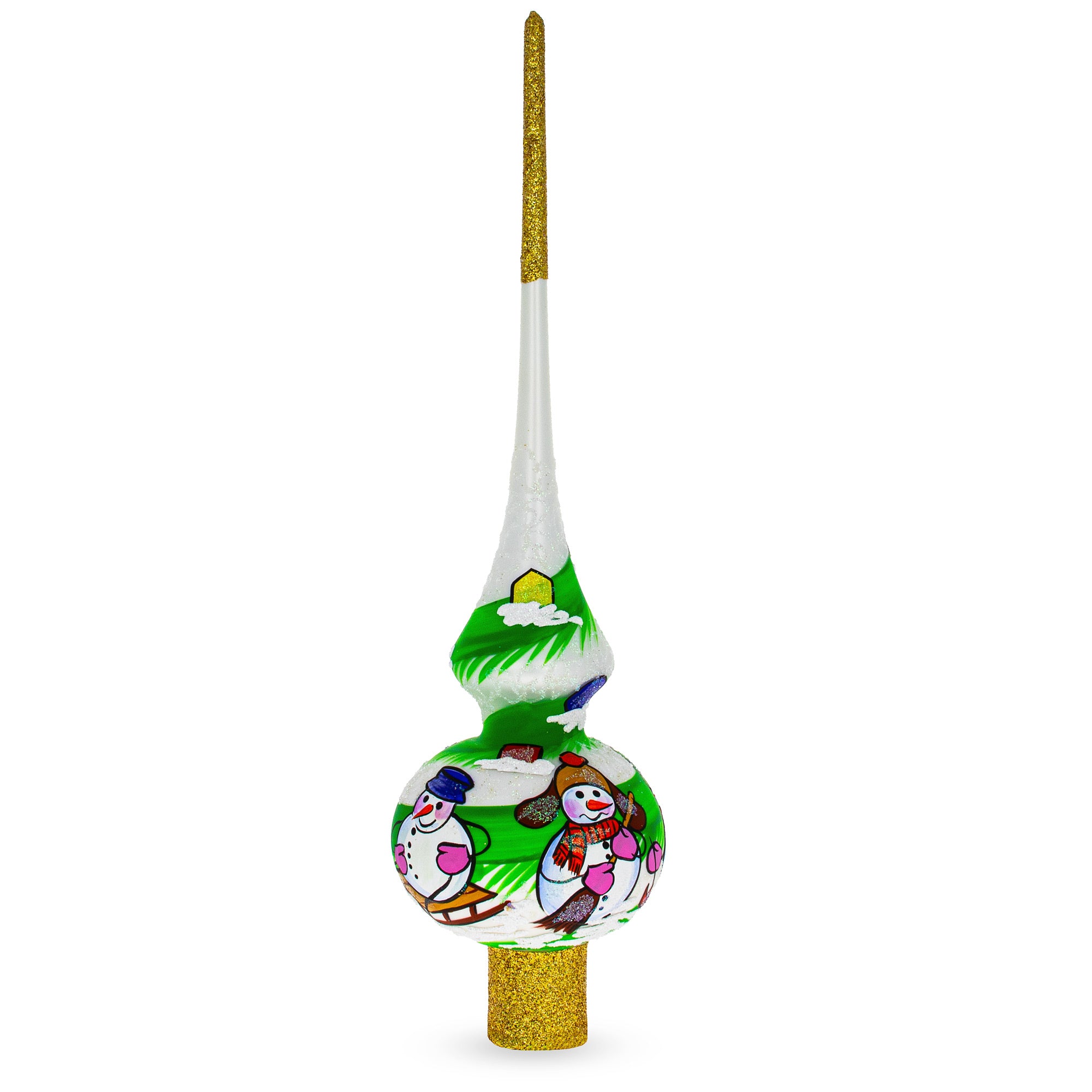 Snowmen on White Artisan Hand Crafted Mouth Blown Glass Christmas Tree Topper 11 Inches in White color Triangle