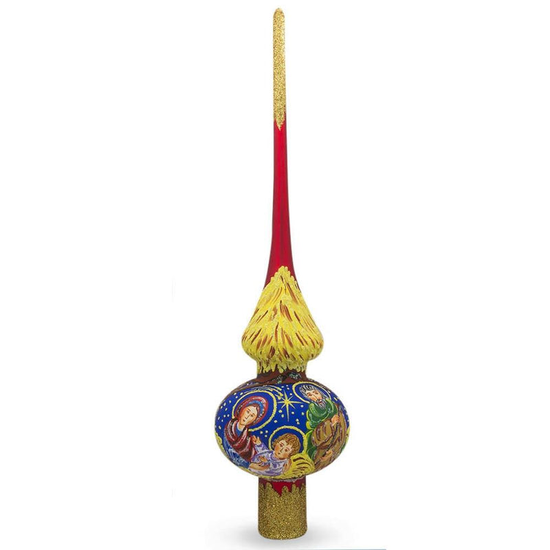Holy Family on Red Artisan Hand Crafted Mouth Blown Glass Christmas Tree Topper 11 Inches in Red color, Triangle shape