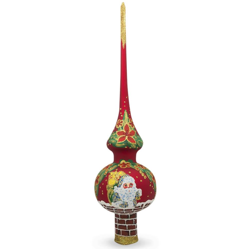 Glass Santa Climbing Down Chimney on Red Artisan Hand Crafted Mouth Blown Glass Christmas Tree Topper 11 Inches in Red color Triangle