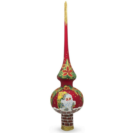 Santa Climbing Down Chimney on Red Artisan Hand Crafted Mouth Blown Glass Christmas Tree Topper 11 Inches in Red color, Triangle shape