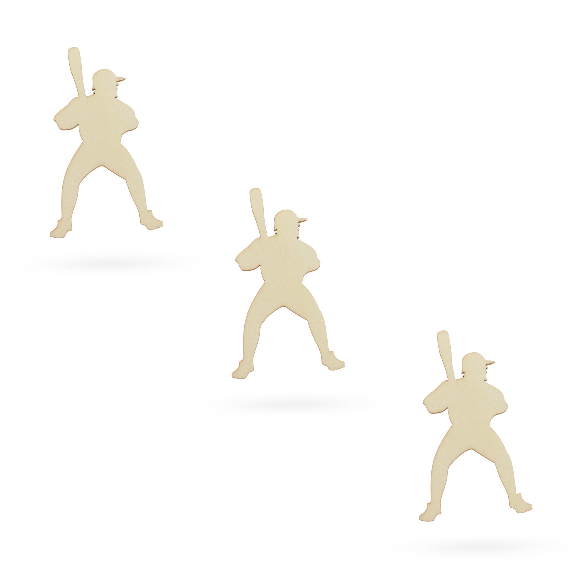 3 Baseball Players Unfinished Wooden Shapes Craft Cutouts DIY Unpainted 3D Plaques 4 Inches in Beige color
