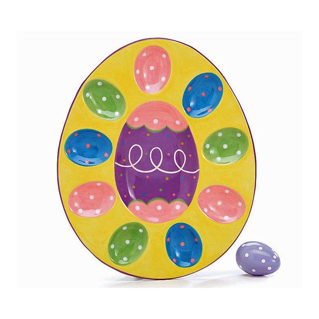 Hand-Painted Ceramic Easter Egg Display Stand – Colorful Festive Decor 11.75 Inches in Yellow color, Oval shape