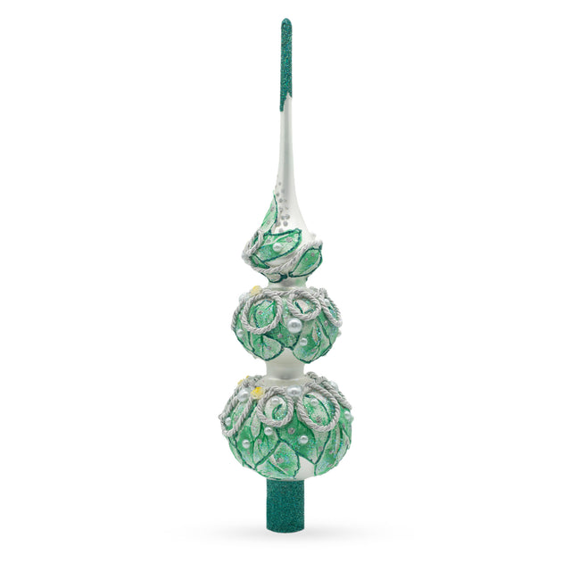 Dimensional Rope and Leaves on White Mouth Blown Glass Christmas Tree Topper 12.5 Inches in Green color Triangle