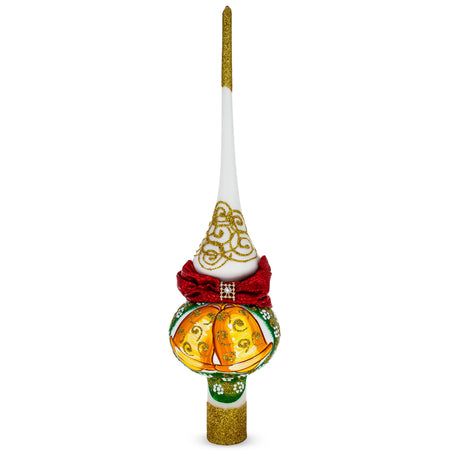Bow and Bells on White Artisan Hand Crafted Mouth Blown Glass Christmas Tree Topper 11 Inches in White color, Triangle shape