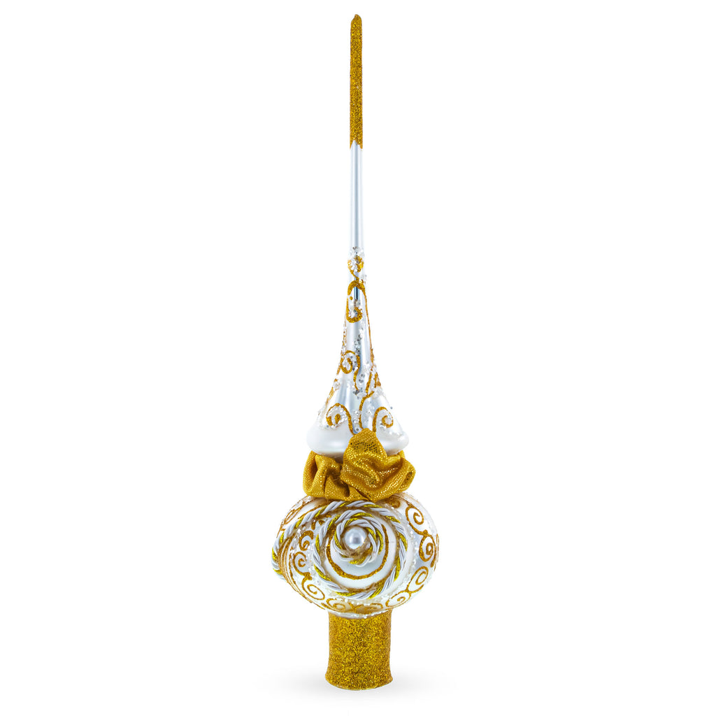 Golden Twisted Rope and Bow on White Mouth Blown Glass Christmas Tree Topper 11 Inches in White color Triangle