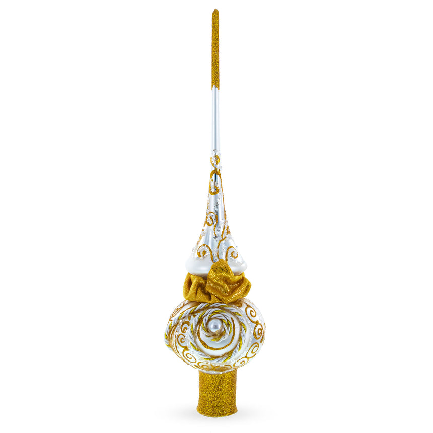 Golden Twisted Rope and Bow on White Mouth Blown Glass Christmas Tree Topper 11 Inches in White color Triangle