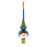 Santa and Mistletoe Wreath on Blue Mouth Blown Glass Christmas Tree Topper 11 Inches in Blue color Triangle