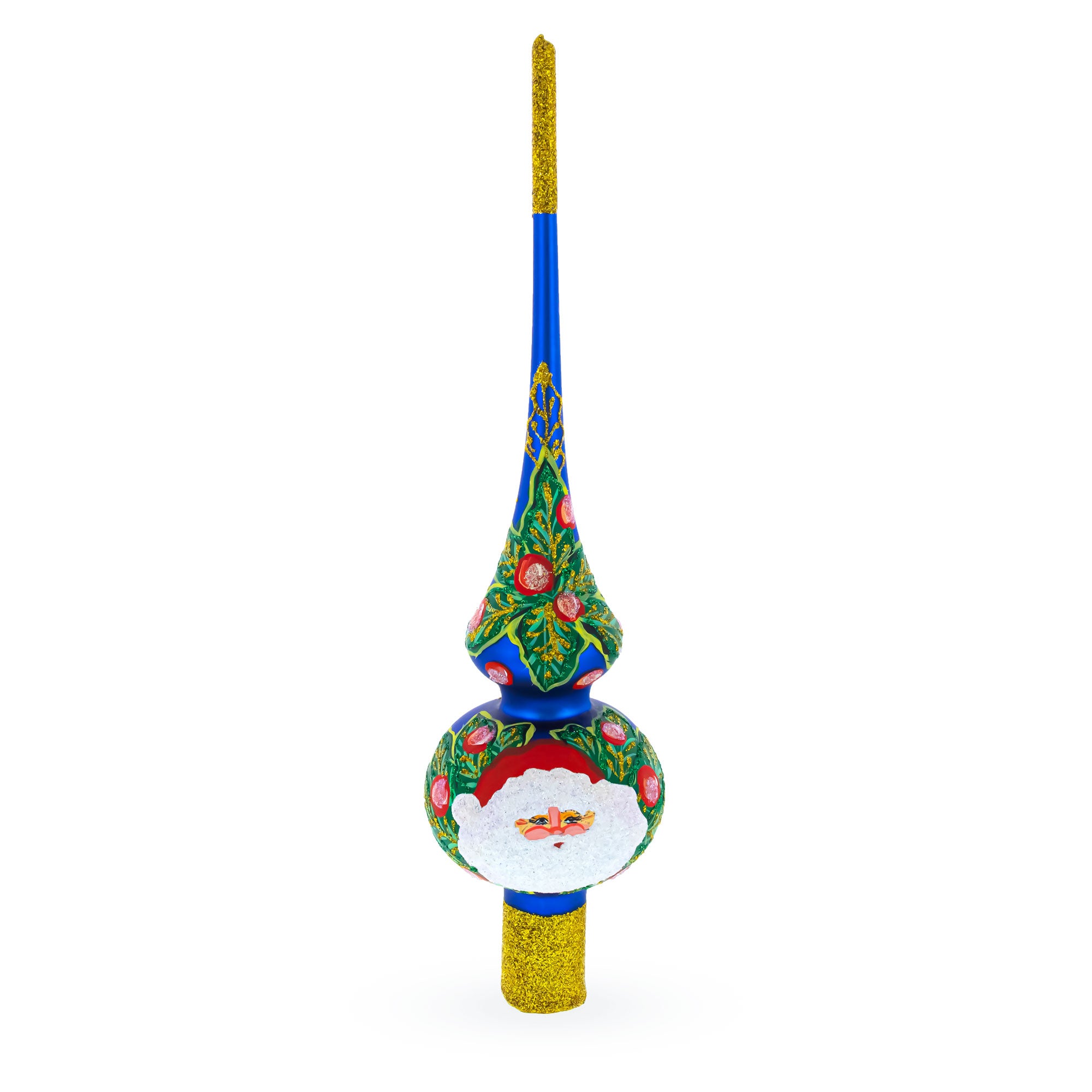 Santa and Mistletoe Wreath on Blue Mouth Blown Glass Christmas Tree Topper 11 Inches in Blue color Triangle