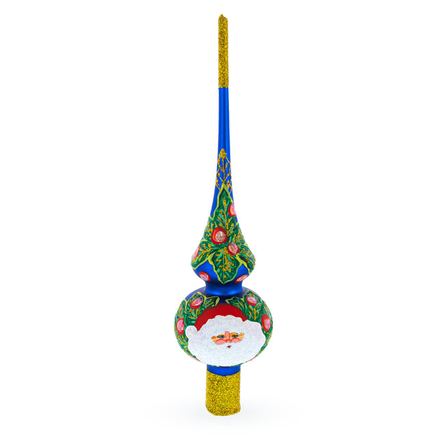 Santa and Mistletoe Wreath on Blue Mouth Blown Glass Christmas Tree Topper 11 Inches in Blue color Triangle