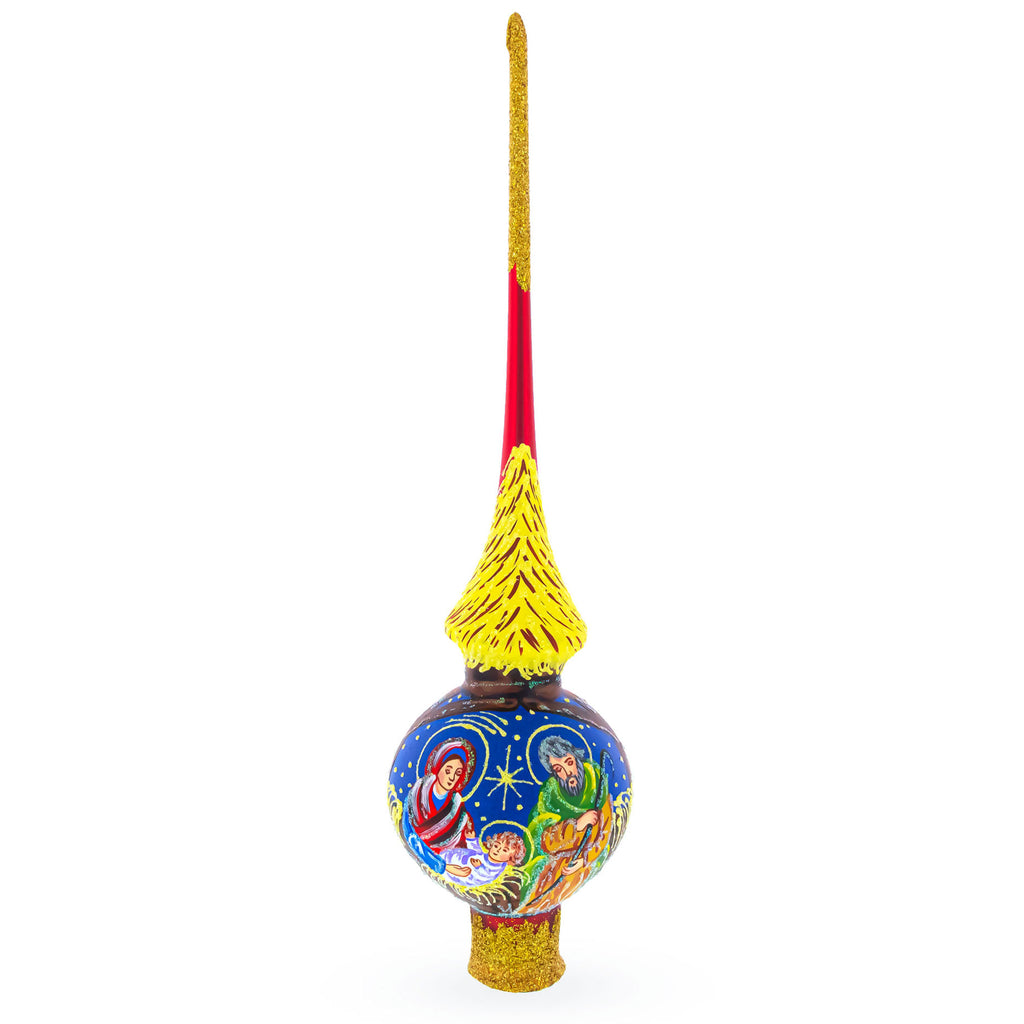 Holy Family on Red Mouth Blown Glass Christmas Tree Topper 11 Inches in Red color Triangle