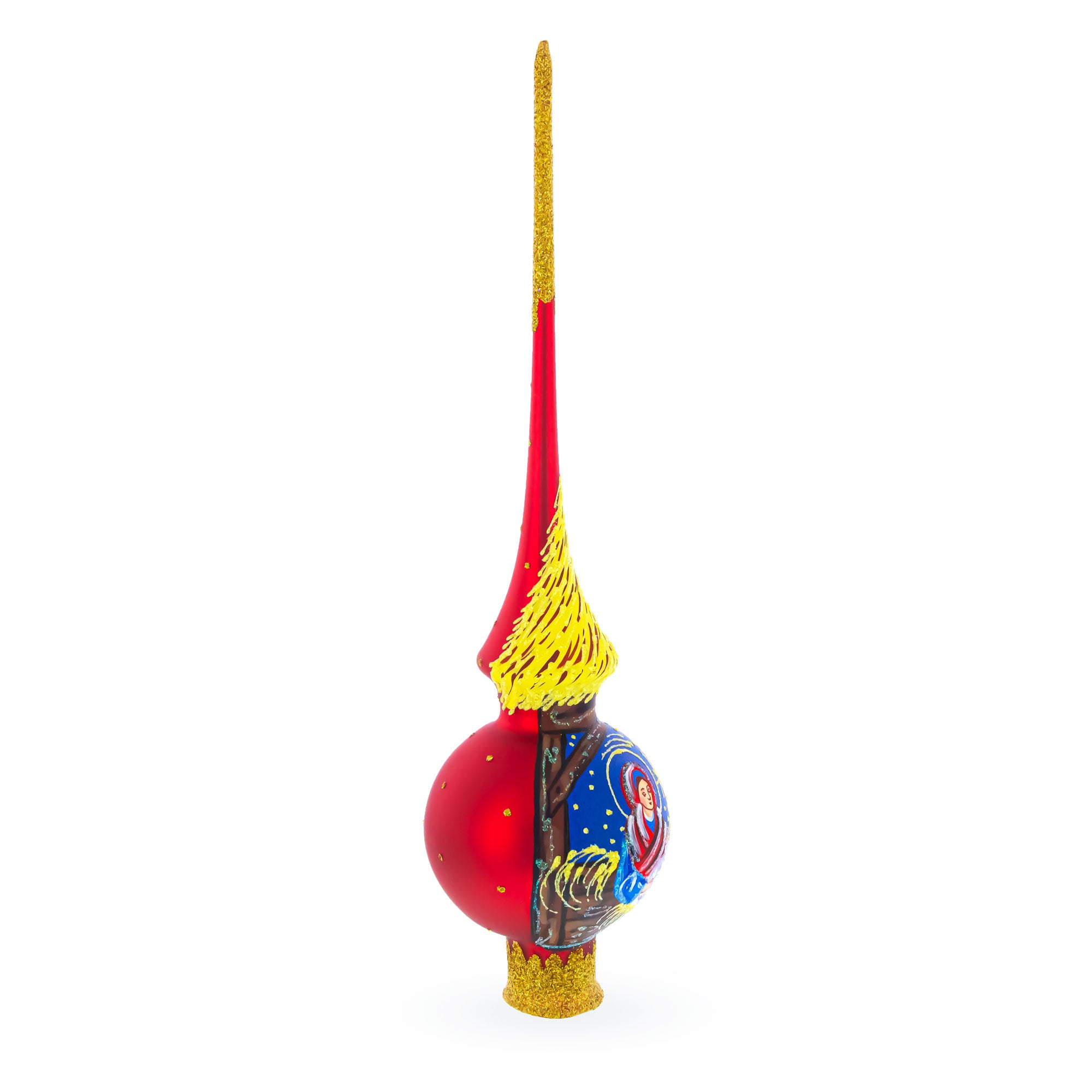 Holy Family on Red Mouth Blown Glass Christmas Tree Topper 11 InchesUkraine , dimensions in inches: 11 x 2.75 x 2.75