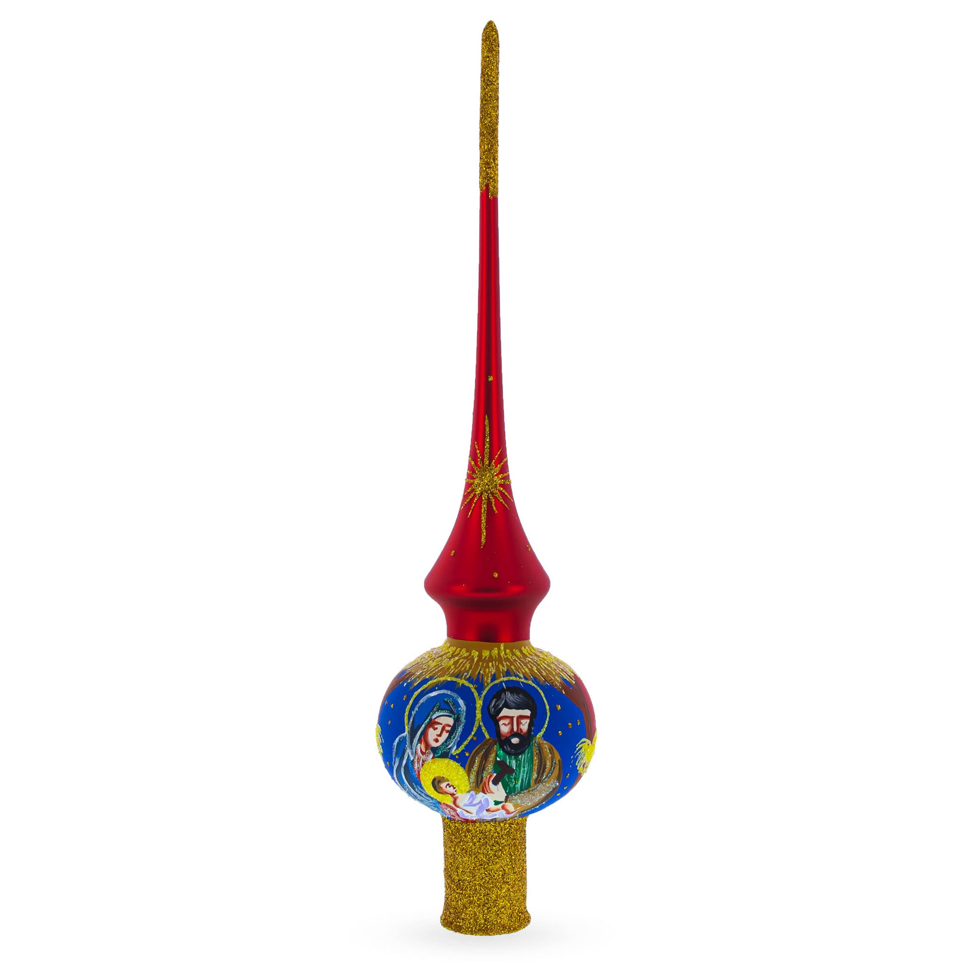 Holy Family Nativity Scene on Red Blown Glass Christmas Tree Topper 11 Inches in Red color Triangle