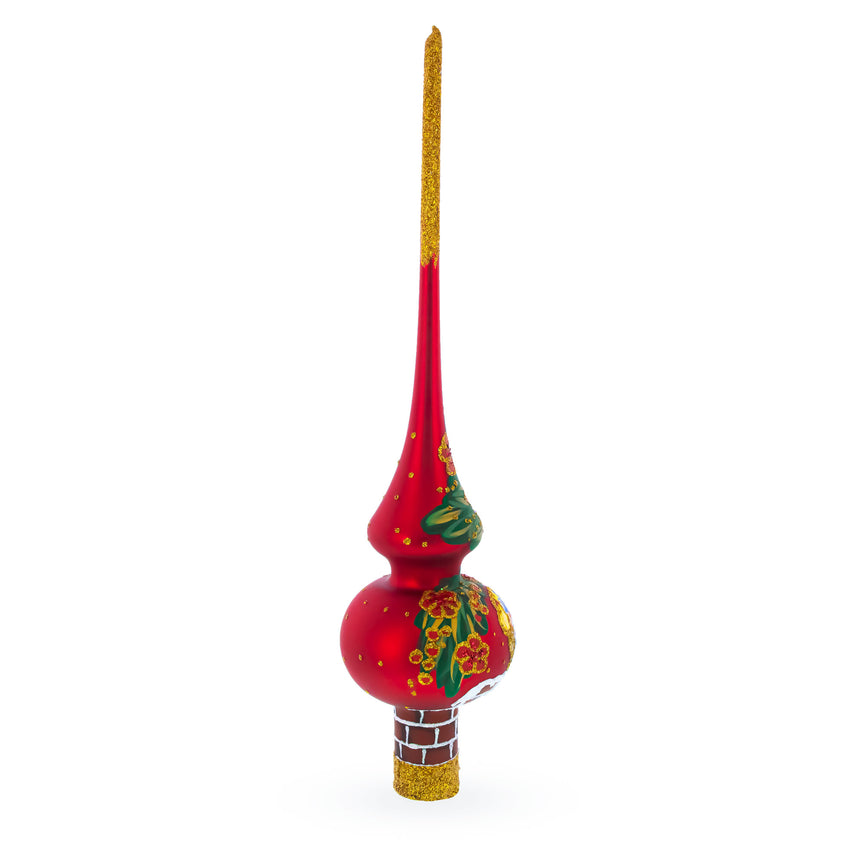 Santa Climbing Down Chimney on Red Mouth Blown Glass Christmas Tree Topper 11 InchesUkraine , dimensions in inches: 11 x 2.75 x 2.75