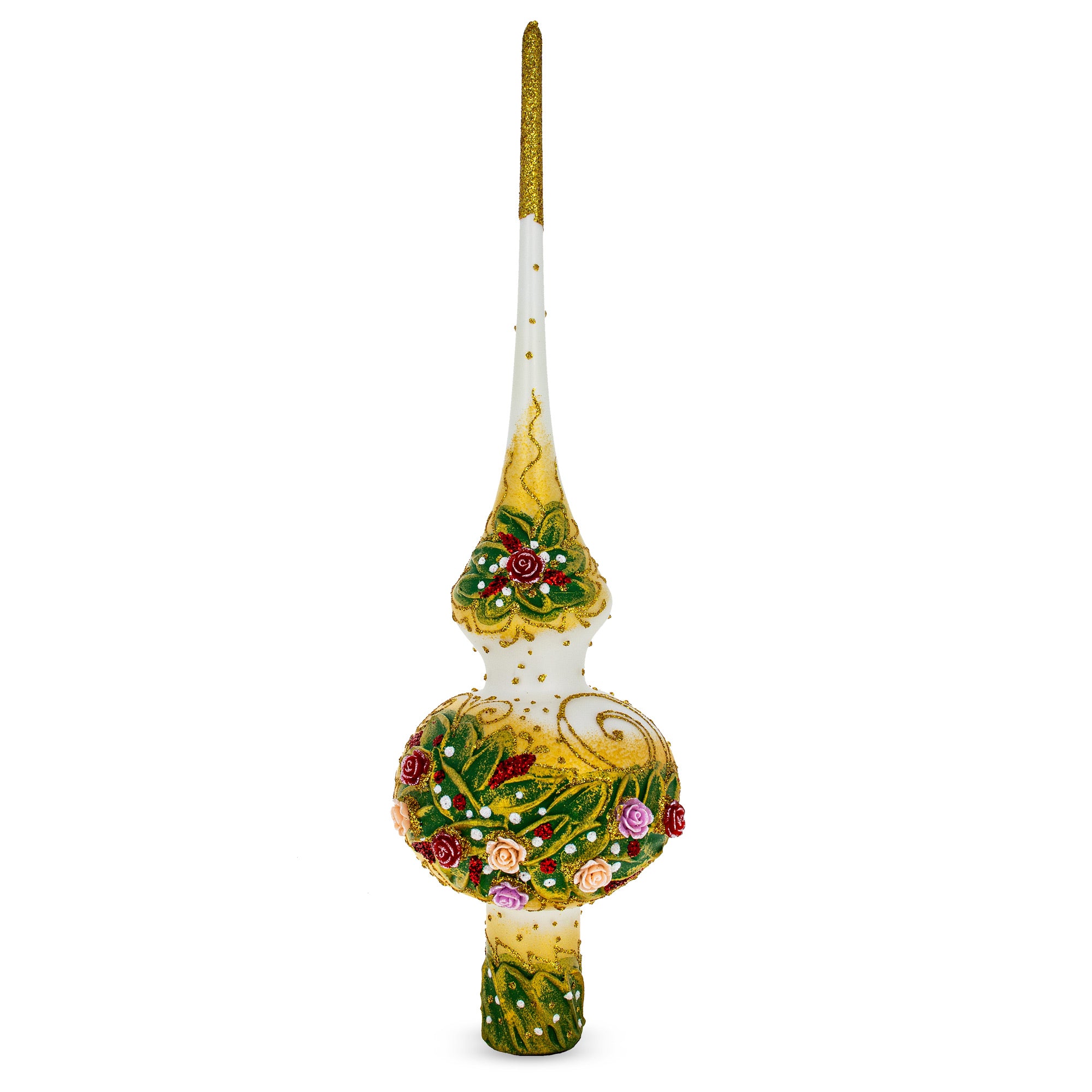 Dimensional Roses Bouquet on White Mouth Blown Glass Christmas Tree Topper 11 Inches in White color Triangle