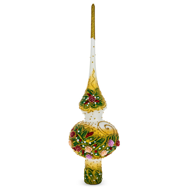 Dimensional Roses Bouquet on White Mouth Blown Glass Christmas Tree Topper 11 Inches in White color Triangle