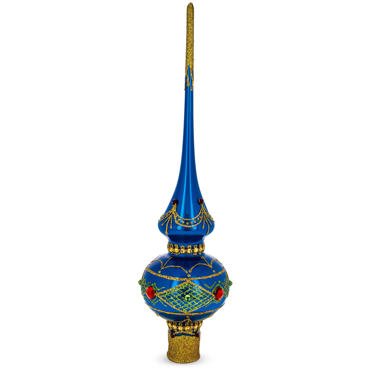 Ruby Jewels on Blue Geometrical Artisan Hand Crafted Mouth Blown Glass Christmas Tree Topper 11 Inches in Blue color, Triangle shape