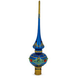Blue and Gold with Ornate Glitter Geometrical Blown Glass Christmas Tree Topper 11 Inches in Blue color Triangle