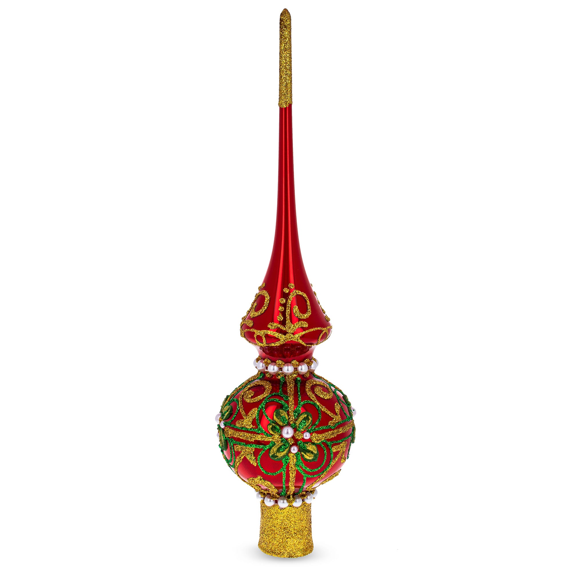 Green & Gold Glitter with Pearls & Floral Accents Glossy Red Glass Christmas Tree Topper 11 Inches in Red color Triangle