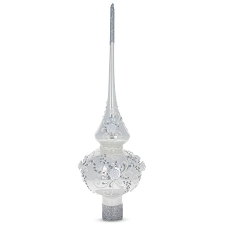 Dimensional White Roses and Pearls on Glossy White Artisan Hand Crafted Mouth Blown Glass Christmas Tree Topper 11 Inches in White color, Triangle shape