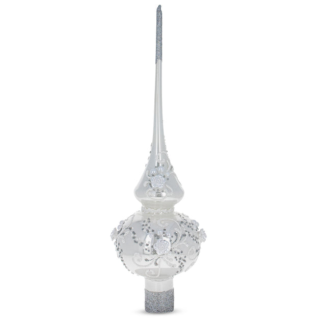 Dimensional White Roses and Pearls on Glossy White Blown Glass Christmas Tree Topper 11 Inches in White color Triangle