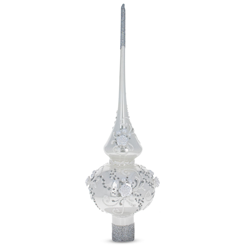Dimensional White Roses and Pearls on Glossy White Artisan Hand Crafted Mouth Blown Glass Christmas Tree Topper 11 Inches by BestPysanky