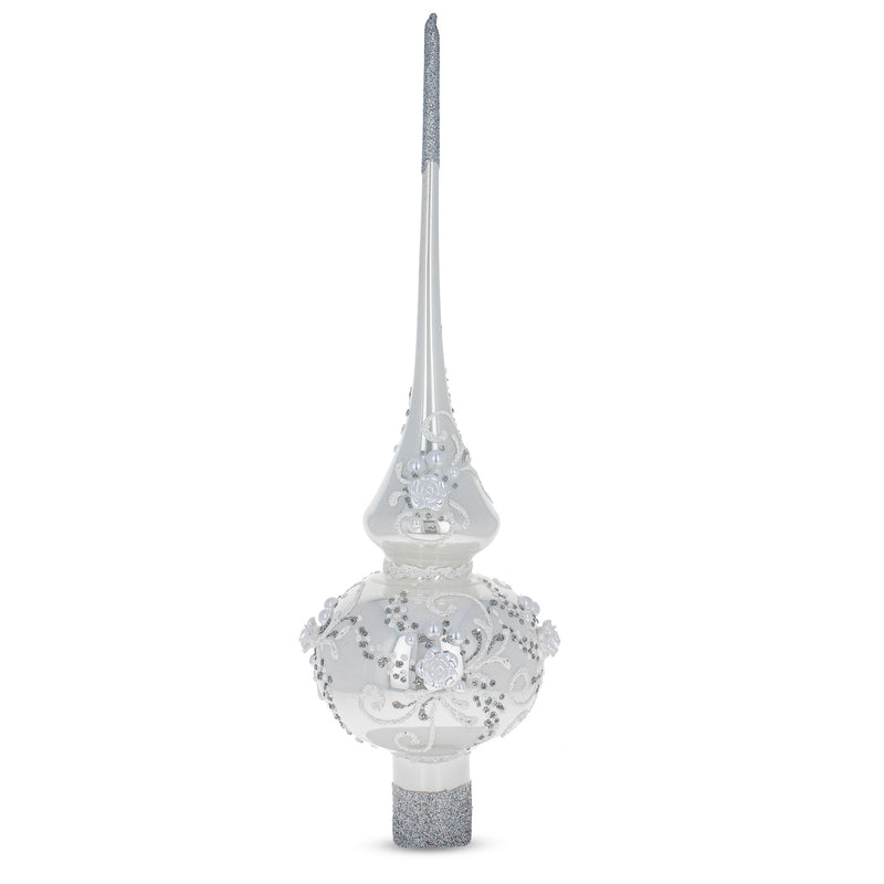 Dimensional White Roses and Pearls on Glossy White Artisan Hand Crafted Mouth Blown Glass Christmas Tree Topper 11 Inches by BestPysanky