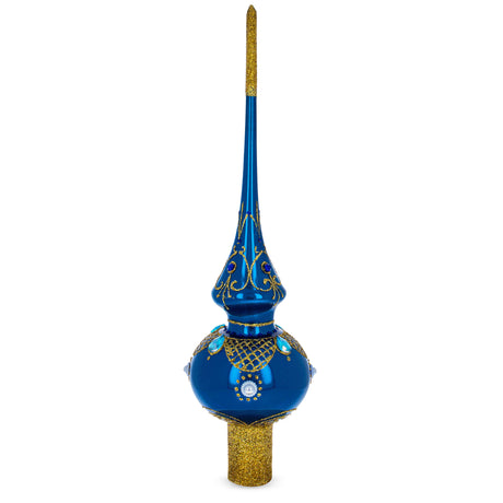 Blue Jewels and White Pearls on Glossy Blue Blown Glass Christmas Tree Topper 11 Inches in Blue color Triangle