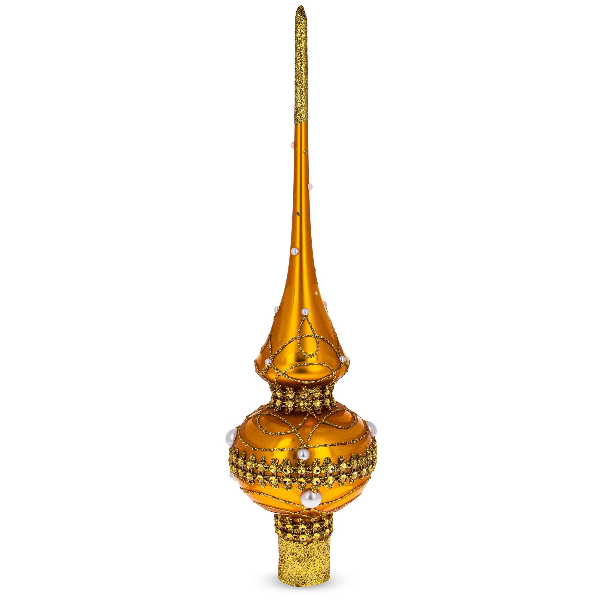 Golden Jewels and White Pearls on Gold Mouth Blown Glass Christmas Tree Topper 11 Inches in Gold color Triangle