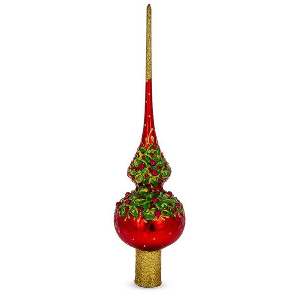 Red Pearls and Poinsettia Flowers on Glossy Red Artisan Hand Crafted Mouth Blown Glass Christmas Tree Topper 11 Inches in Red color, Triangle shape