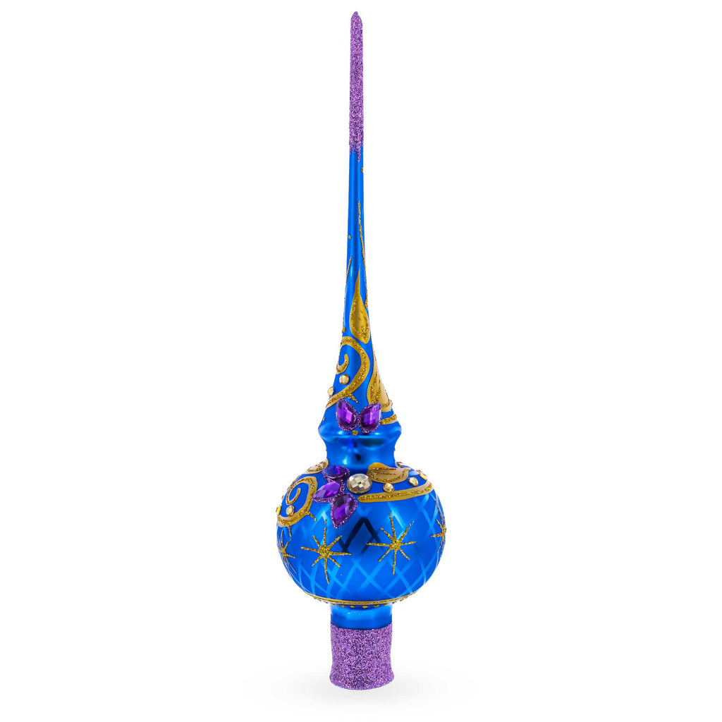 Purple Jewels and Golden Leaves on Blue Glass Christmas Tree Topper 11 Inches in Blue color Triangle