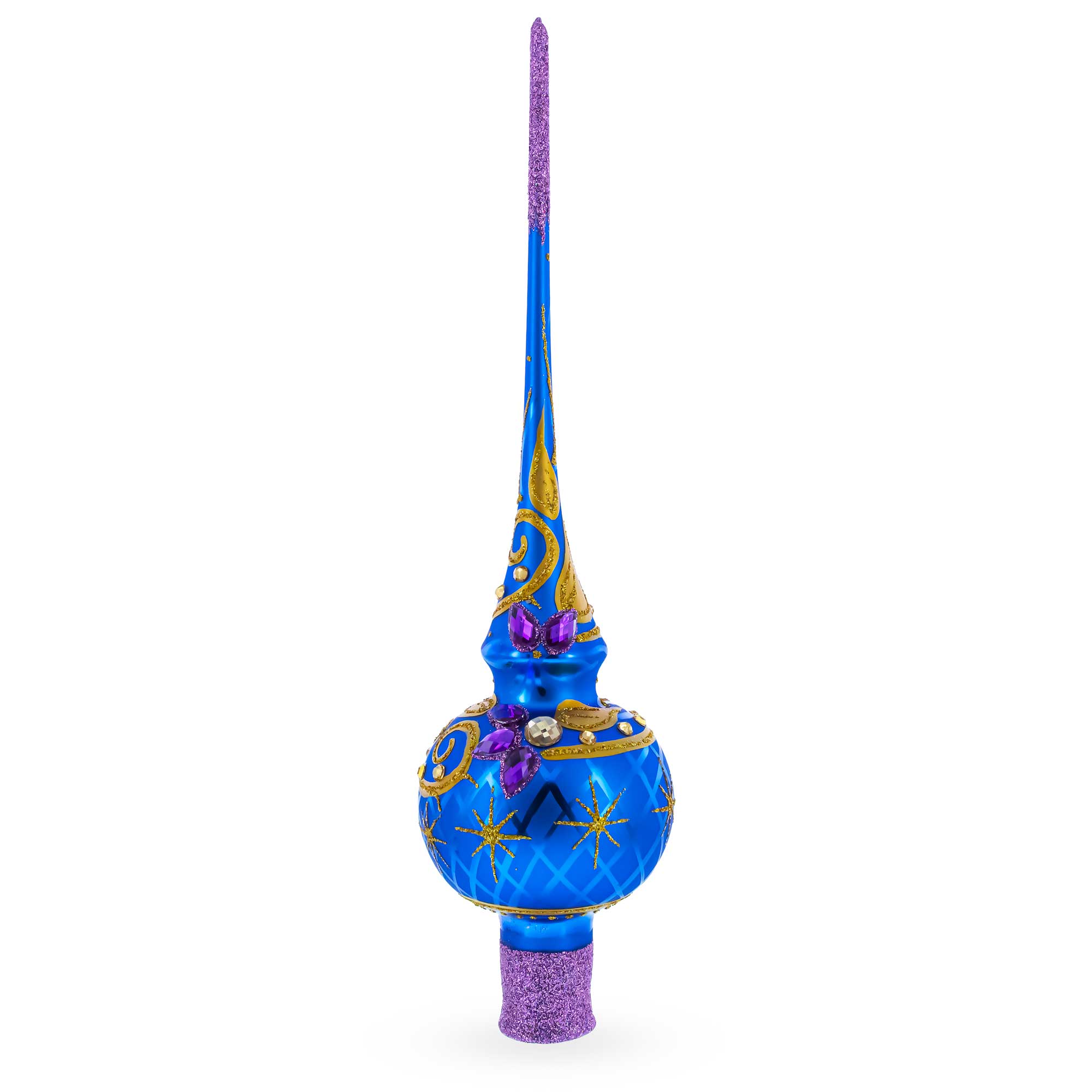 Purple Jewels and Golden Leaves on Blue Glass Christmas Tree Topper 11 Inches in Blue color Triangle