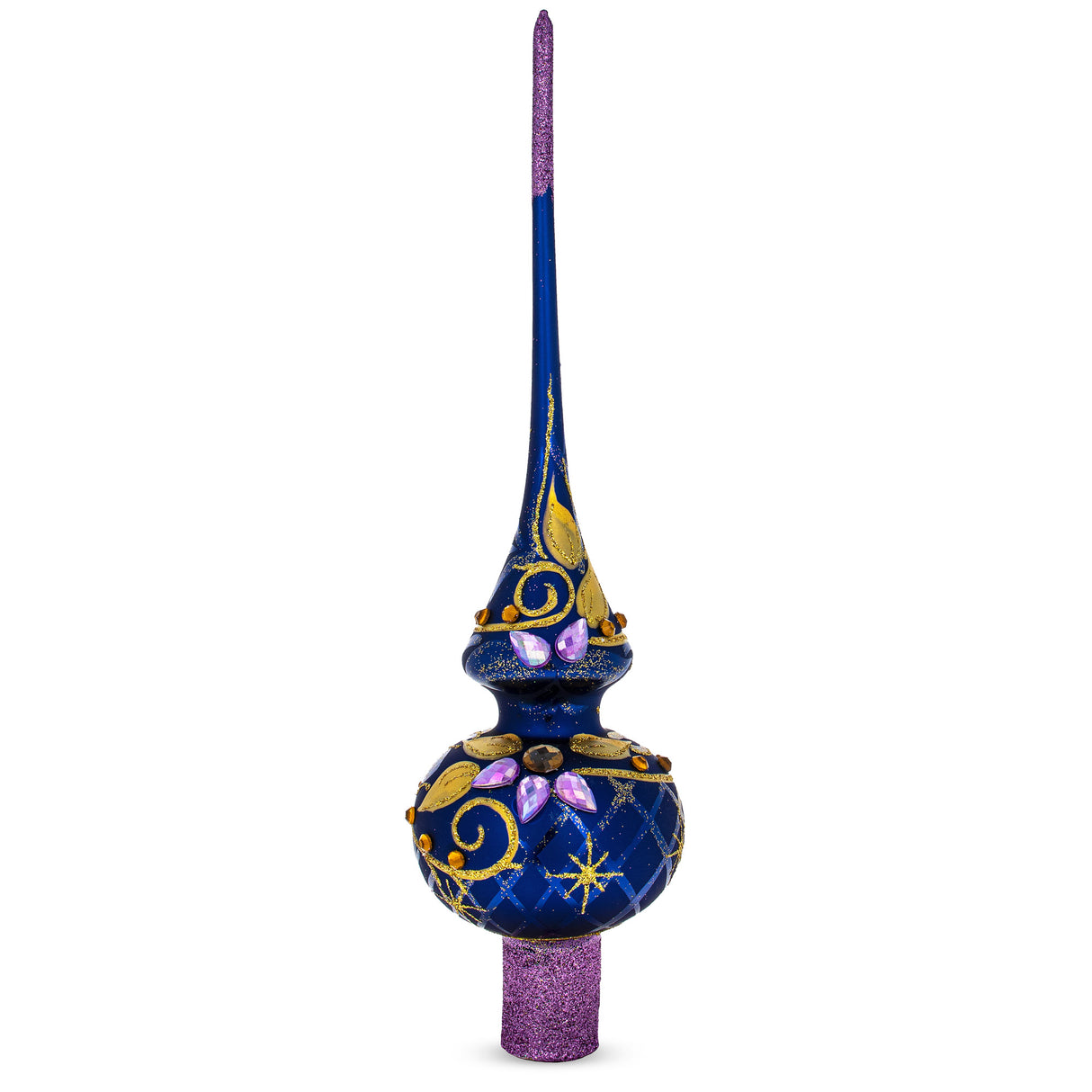 Glass Purple Jewels and Golden Leaves on Blue Artisan Hand Crafted Mouth Blown Glass Christmas Tree Topper 11 Inches in Blue color Triangle