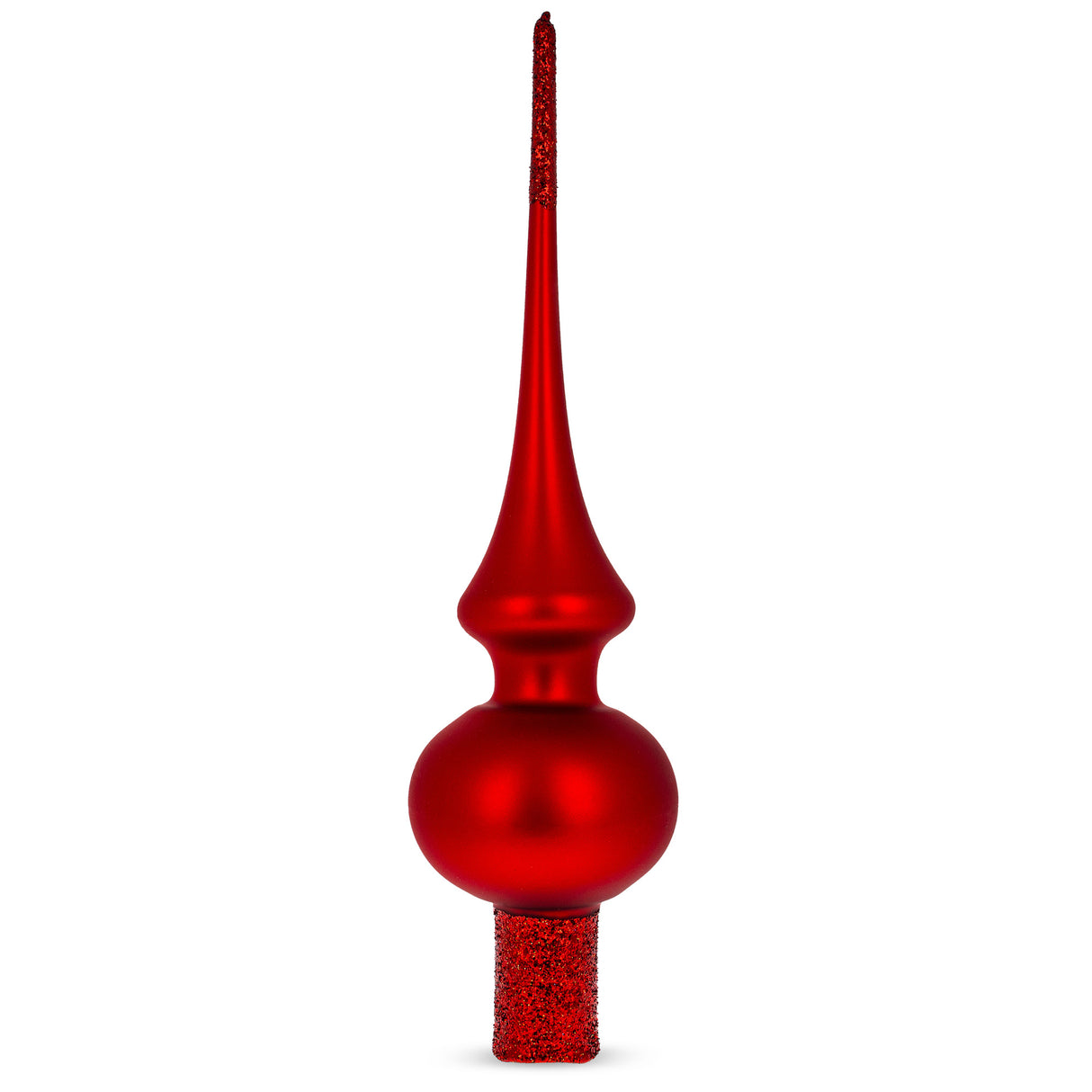 Matte Red with Sparkling Top Hand Crafted Mouth Blown Glass Christmas Tree Topper 11 Inches in Red color, Triangle shape