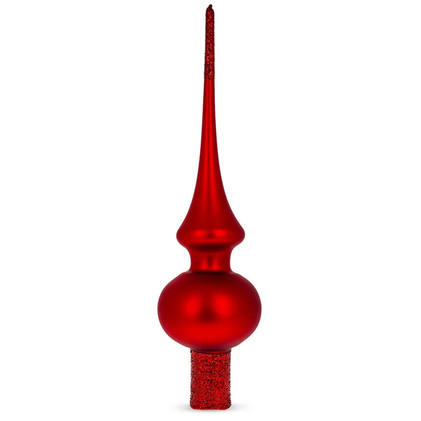 Matte Red with Sparkling Top Mouth Blown Glass Christmas Tree Topper 11 Inches in Red color Triangle