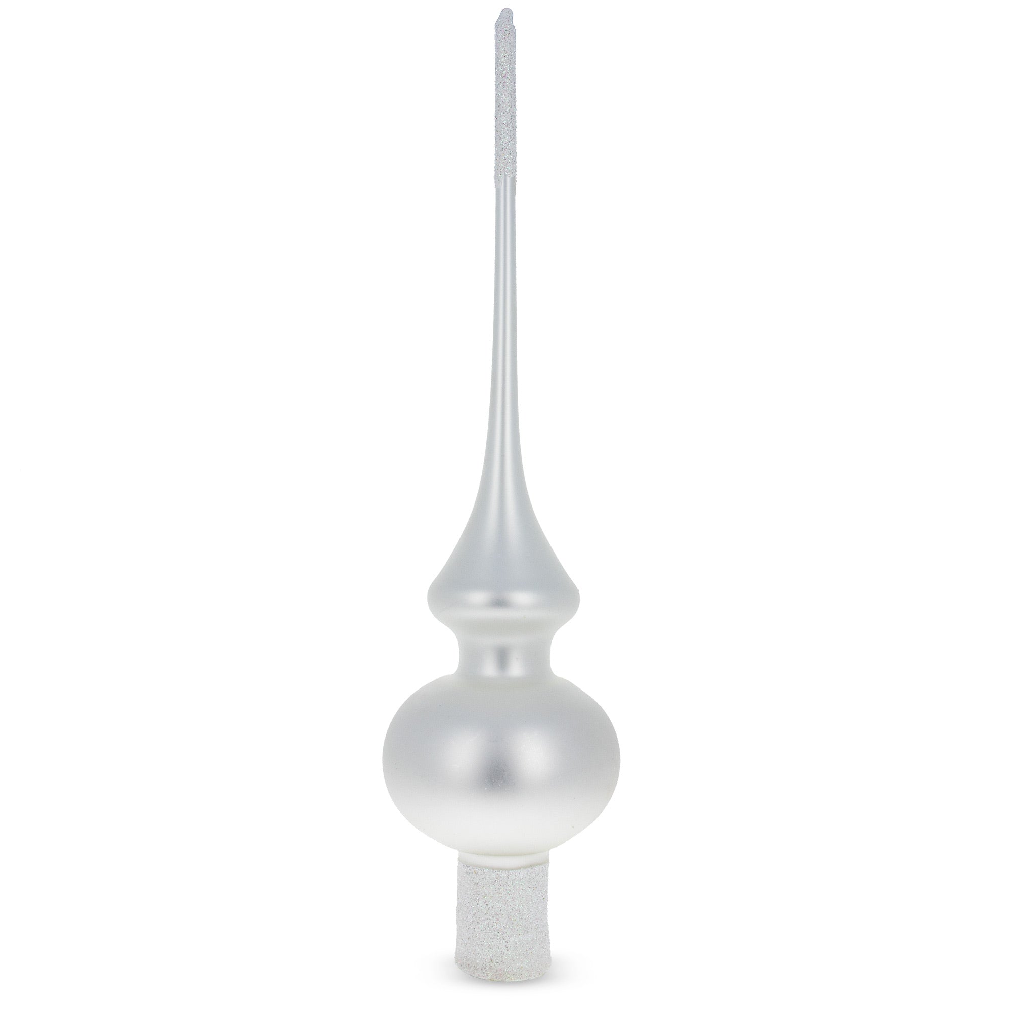 Matte White with Sparkling Top Mouth Blown Glass Christmas Tree Topper 11 Inches in White color Triangle