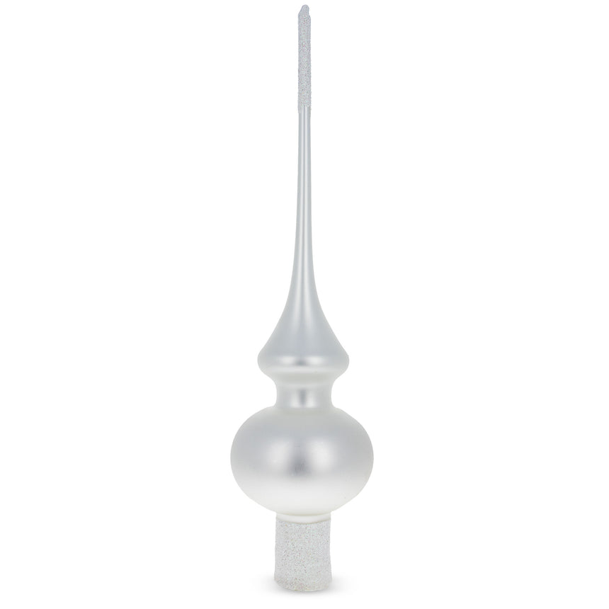 Matte White with Sparkling Top Mouth Blown Glass Christmas Tree Topper 11 Inches in White color Triangle