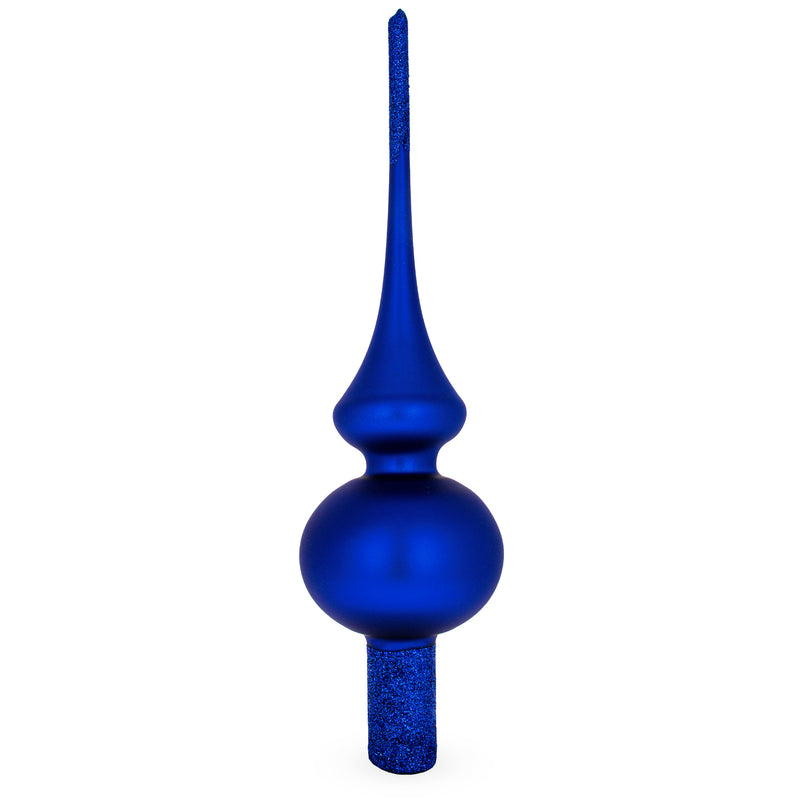 Matte Blue with Sparkling Top Hand Crafted Mouth Blown Glass Christmas Tree Topper 11 Inches in Blue color, Triangle shape