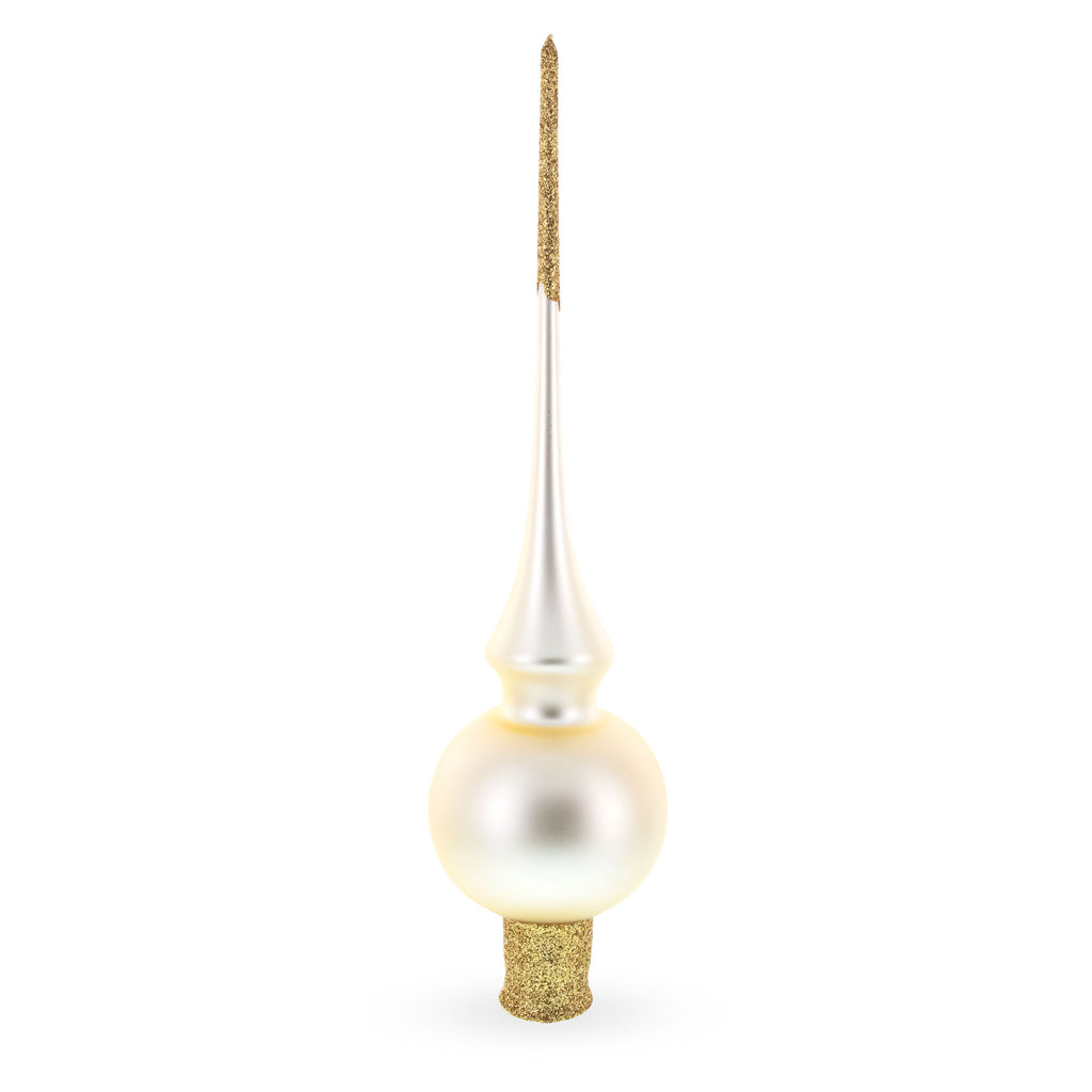 Matte Beige with Sparkling Top Mouth Blown Glass Christmas Tree Topper 11 Inches in White color Triangle