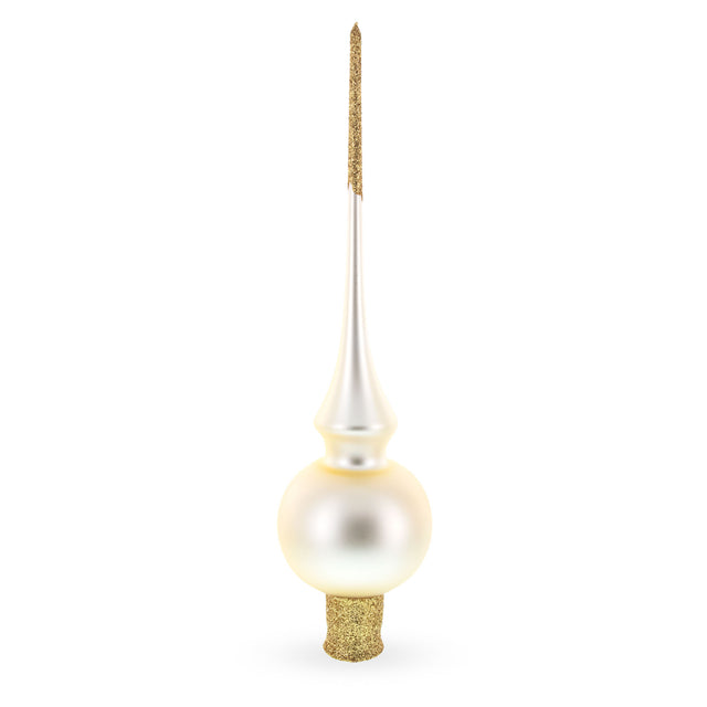 Matte Beige with Sparkling Top Mouth Blown Glass Christmas Tree Topper 11 Inches in White color Triangle