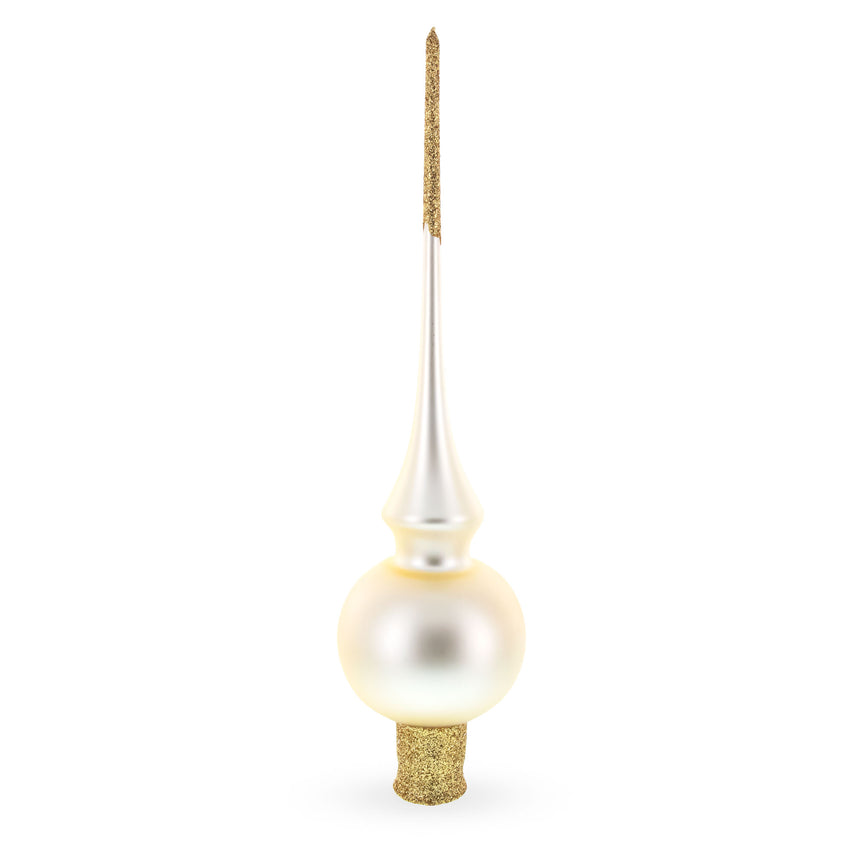 Matte Beige with Sparkling Top Mouth Blown Glass Christmas Tree Topper 11 Inches in White color Triangle