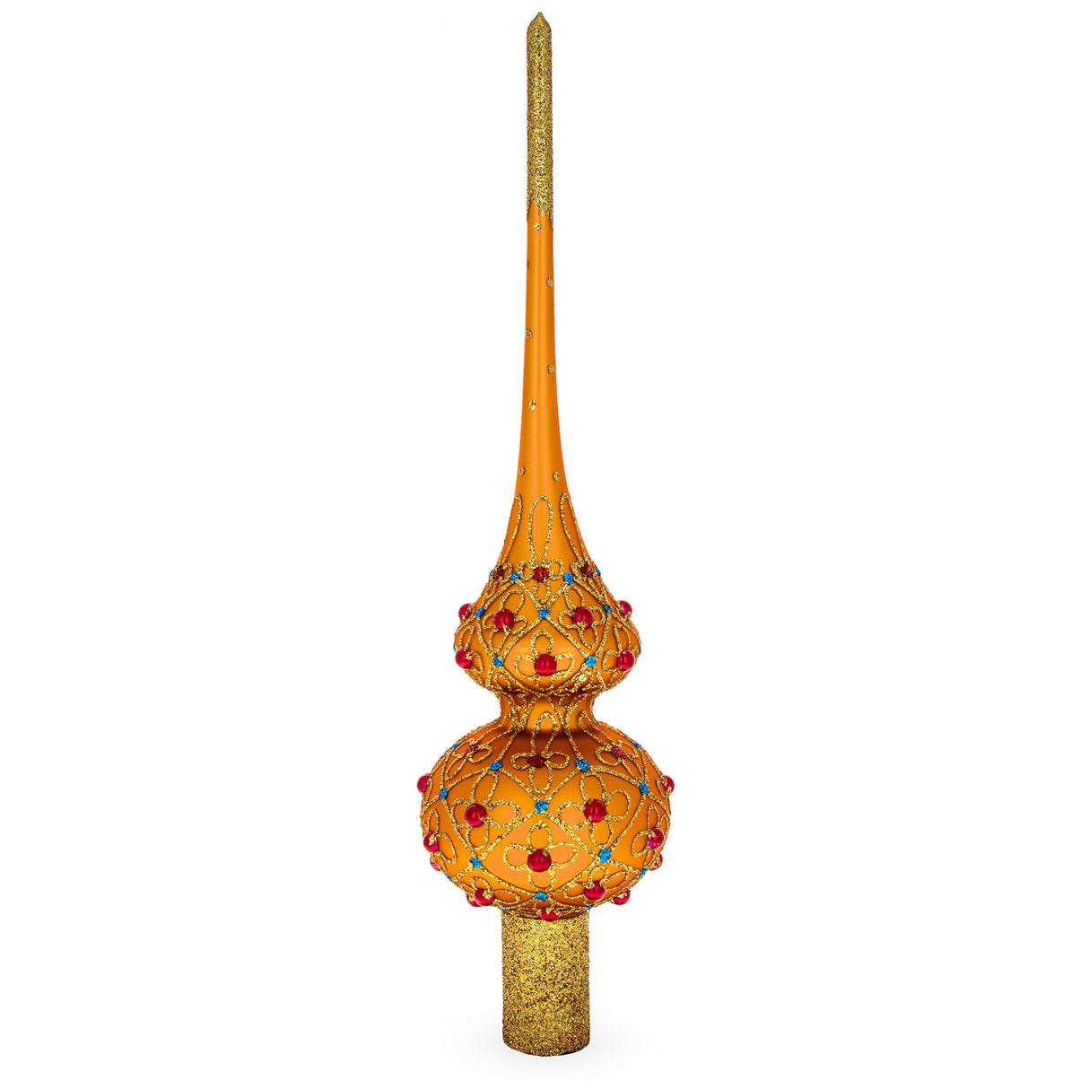 Red Jewels on Gold Geometrical Artisan Hand Crafted Mouth Blown Glass Christmas Tree Topper 11 Inches in Gold color, Triangle shape
