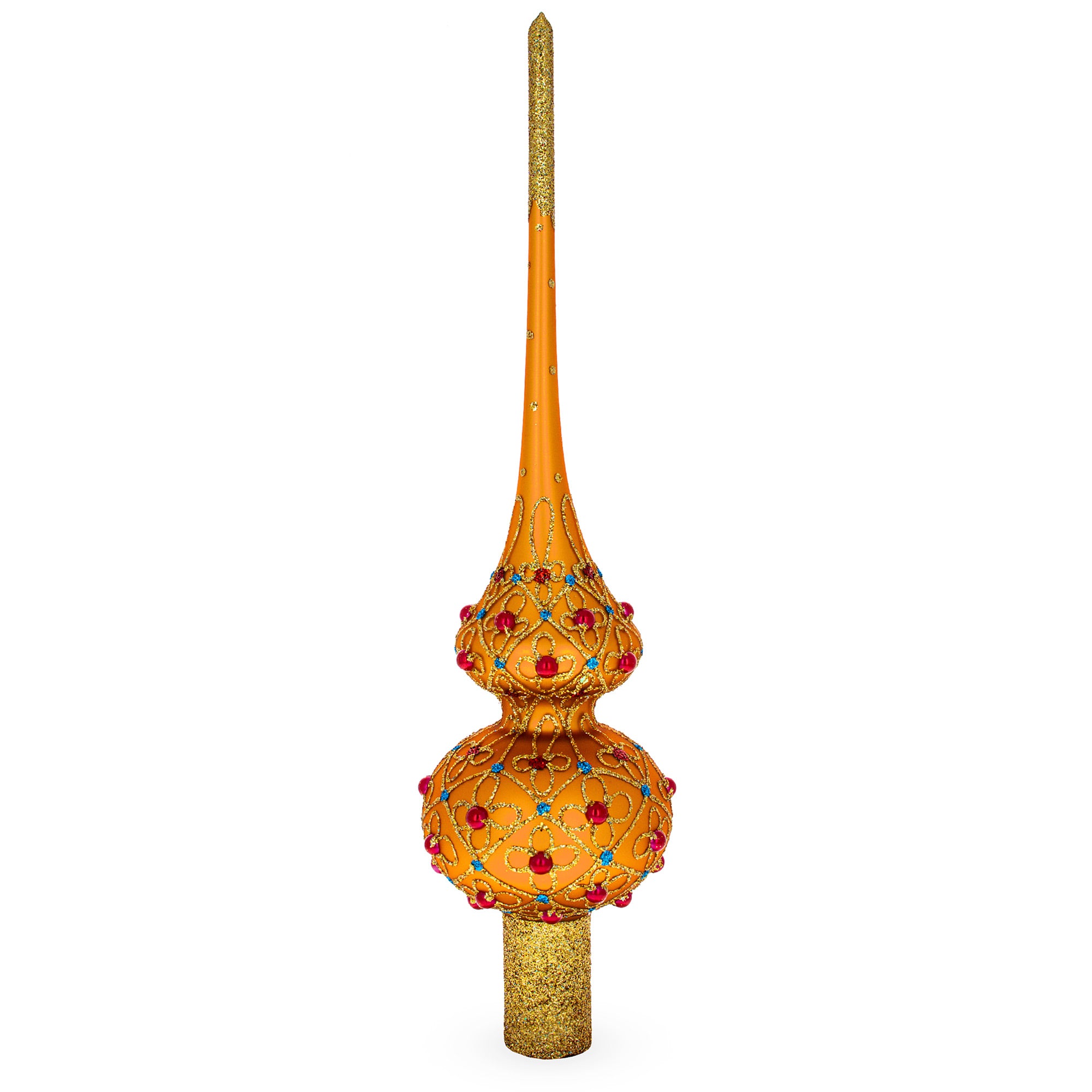 Red Jewels on Gold Geometrical Mouth Blown Glass Christmas Tree Topper 11 Inches in Gold color Triangle