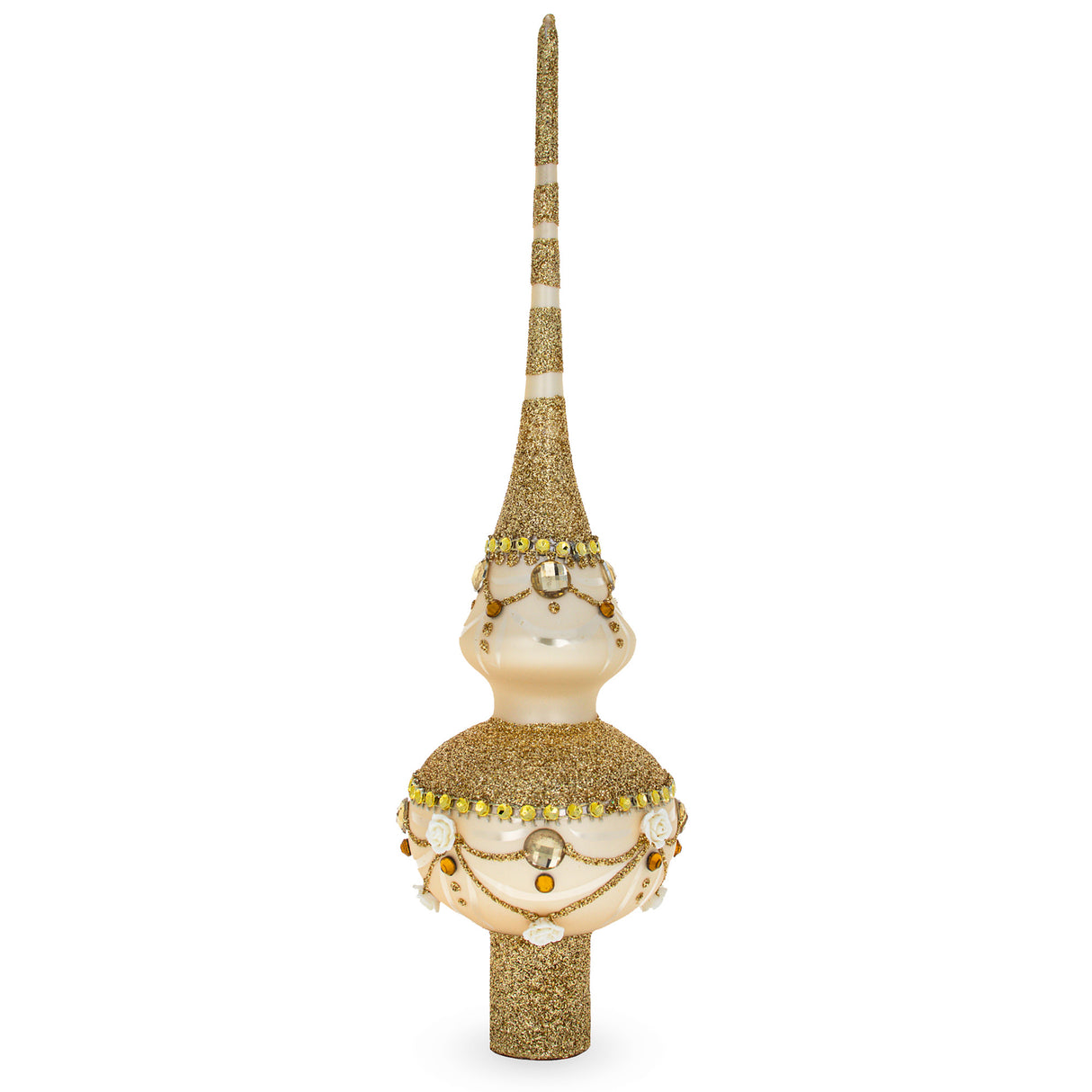 Dimensional Roses on Sparkling Beige Artisan Hand Crafted Mouth Blown Glass Christmas Tree Topper 11 Inches in Gold color, Triangle shape