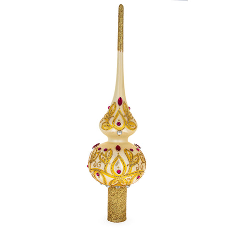 Red Jeweled with Golden Leaves Artisan Hand Crafted Mouth Blown Glass Christmas Tree Topper 11 Inches in Gold color, Triangle shape