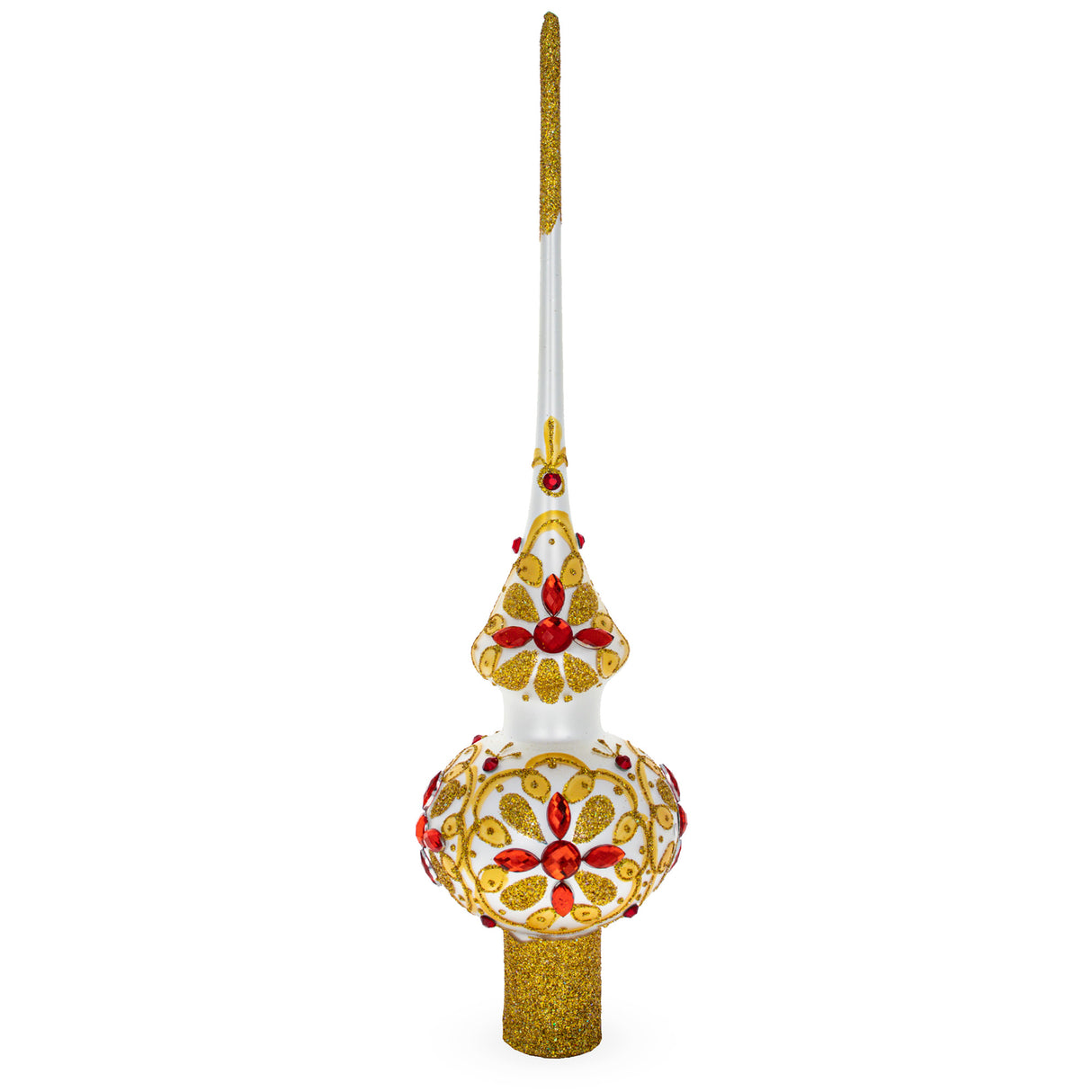 Red Jeweled Stars on Gold Pattern on White Artisan Hand Crafted Mouth Blown Glass Christmas Tree Topper 11 Inches in White color, Triangle shape