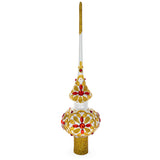 Red Jeweled Stars on Gold Pattern on White Mouth Blown Glass Christmas Tree Topper 11 Inches in White color Triangle